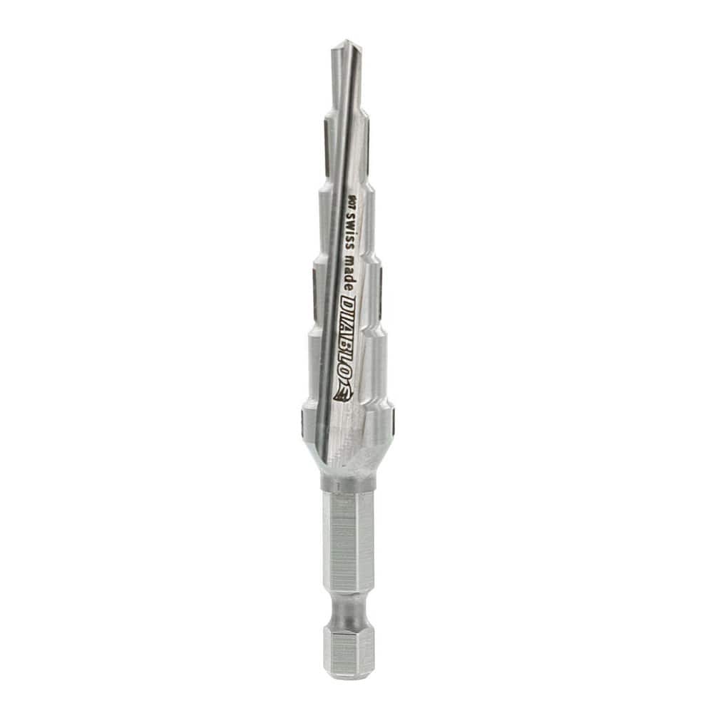 Step Drill Bits; Tool Material: High Speed Steel; Shank Type: Hex Shank; Hole Diameter: 1/2 in; Series: 6 Steps; Overall Length (Inch): 3-3/8; Minimum Hole Diameter (Inch): 1/4; Maximum Hole Diameter (Inch): 1/2; Shank Diameter (Decimal Inch): 1/4; Step L