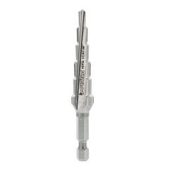 Step Drill Bits; Tool Material: High Speed Steel; Shank Type: Hex Shank; Hole Diameter: 1/2 in; Series: 6 Steps; Overall Length (Inch): 3-3/8; Minimum Hole Diameter (Inch): 1/4; Maximum Hole Diameter (Inch): 1/2; Shank Diameter (Decimal Inch): 1/4; Step L