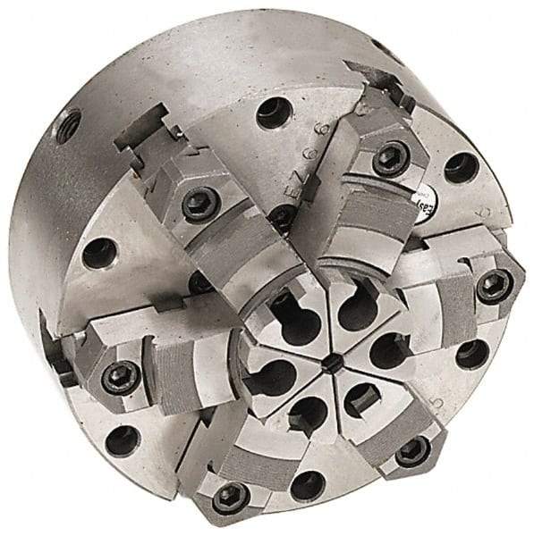 Pratt Burnerd America - 6 Jaws, 16" Diam, Self Centering Manual Lathe Chuck - Plain Back Mount Spindle, Adjustable, Reversible, 1,300 Max RPM, 4.56" Through Hole Diam, Forged Steel - Exact Tool & Supply