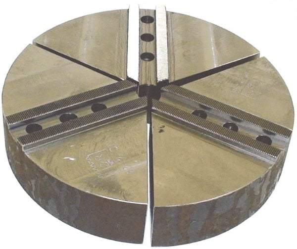 H & R Manufacturing - 1.5mm x 60° Serrated Attachment, Round Soft Lathe Chuck Jaw - 3 Jaws, Cast Iron, 1.181" Btw Mount Hole Ctrs, 5" Long x 10" Wide x 2" High, 0.63" Groove, 12mm Fastener - Exact Tool & Supply