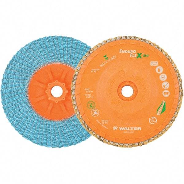 WALTER Surface Technologies - 80 Grit, 4-1/2" Disc Diam, 5/8-11 Center Hole, Type 27 Zirconia Alumina Flap Disc - 13,300 Max RPM, Polyester Backing, Arbor Attaching System, Coated - Exact Tool & Supply