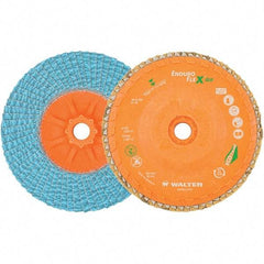 WALTER Surface Technologies - 80 Grit, 4-1/2" Disc Diam, 5/8-11 Center Hole, Type 27 Zirconia Alumina Flap Disc - 13,300 Max RPM, Polyester Backing, Arbor Attaching System, Coated - Exact Tool & Supply