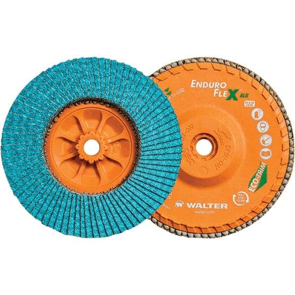 WALTER Surface Technologies - 60 Grit, 6" Disc Diam, 5/8-11 Center Hole, Type 27 Zirconia Alumina Flap Disc - 10,200 Max RPM, Polyester Backing, Arbor Attaching System, Coated - Exact Tool & Supply