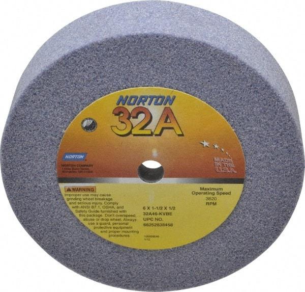 Norton - 6" Diam, 1/2" Hole Size, 1-1/2" Overall Thickness, 46 Grit, Type 6 Tool & Cutter Grinding Wheel - Coarse Grade, Aluminum Oxide, K Hardness, Vitrified Bond, 3,820 RPM - Exact Tool & Supply