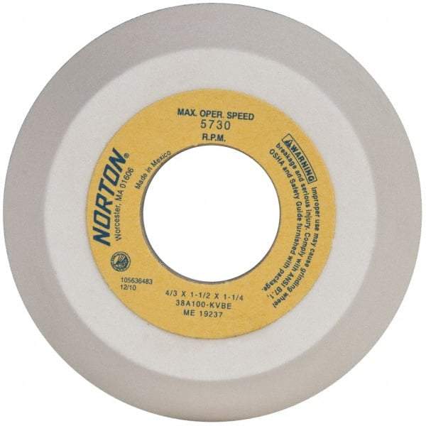 Norton - 4" Diam, 1-1/4" Hole Size, 1-1/2" Overall Thickness, 100 Grit, Type 11 Tool & Cutter Grinding Wheel - Fine Grade, Aluminum Oxide, K Hardness, Vitrified Bond, 5,730 RPM - Exact Tool & Supply