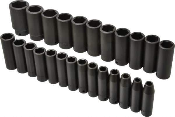 Proto - 25 Piece 1/2" Drive Deep Well Impact Socket Set - 6 Points, 8mm to 36mm Range, Metric Measurement Standard - Exact Tool & Supply