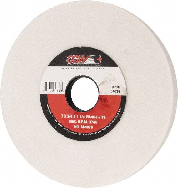 Camel Grinding Wheels - 7" Diam x 1-1/4" Hole x 3/4" Thick, J Hardness, 46 Grit Surface Grinding Wheel - Aluminum Oxide, Type 5, Coarse Grade, 3,760 Max RPM, Vitrified Bond, One-Side Recess - Exact Tool & Supply