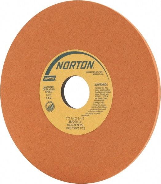 Norton - 7" Diam x 1-1/4" Hole x 1/4" Thick, L Hardness, 220 Grit Surface Grinding Wheel - Aluminum Oxide, Type 1, Very Fine Grade, 3,600 Max RPM, Vitrified Bond, No Recess - Exact Tool & Supply