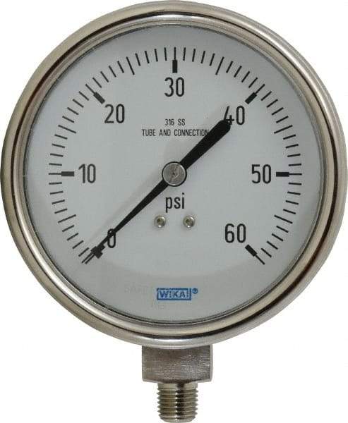Wika - 4" Dial, 1/4 Thread, 0-60 Scale Range, Pressure Gauge - Lower Connection Mount, Accurate to 1% of Scale - Exact Tool & Supply