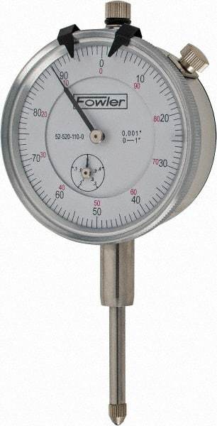 Fowler - 1" Range, 0-100 Dial Reading, 0.001" Graduation Dial Drop Indicator - 2-1/4" Dial, 0.1" Range per Revolution, Revolution Counter - Exact Tool & Supply