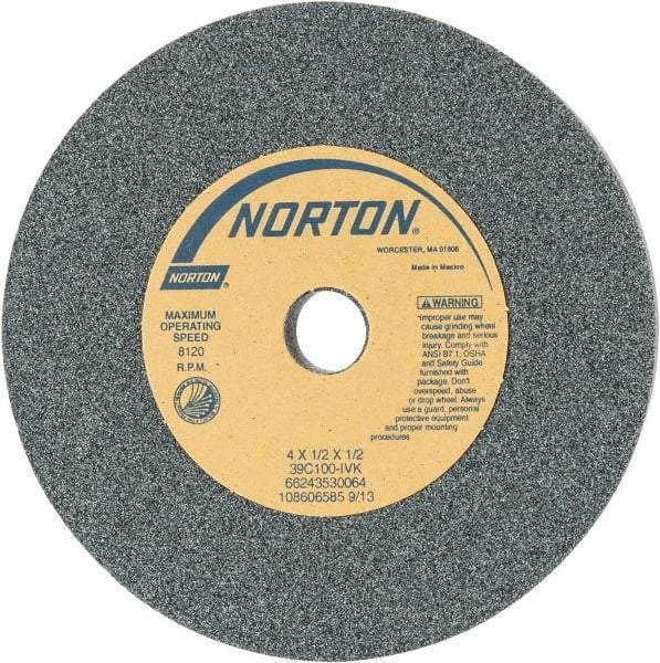 Norton - 4" Diam x 1/2" Hole x 1/2" Thick, I Hardness, 100 Grit Surface Grinding Wheel - Silicon Carbide, Type 1, Fine Grade, 8,120 Max RPM, Vitrified Bond, No Recess - Exact Tool & Supply