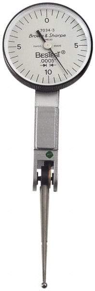 TESA Brown & Sharpe - 0.02 Inch Range, 0.0005 Inch Dial Graduation, Horizontal Dial Test Indicator - 1-1/2 Inch White Dial, 0-10-0 Dial Reading, Accurate to 0.0005 Inch - Exact Tool & Supply