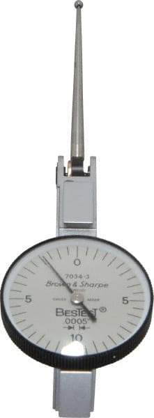 TESA Brown & Sharpe - 0.02 Inch Range, 0.0005 Inch Dial Graduation, Horizontal Dial Test Indicator - 1 Inch White Dial, 0-10-0 Dial Reading, Accurate to 0.0005 Inch - Exact Tool & Supply