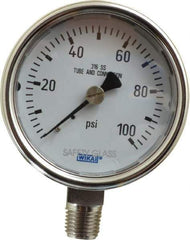 Wika - 2-1/2" Dial, 1/4 Thread, 0-100 Scale Range, Pressure Gauge - Lower Connection Mount, Accurate to 2-1-2% of Scale - Exact Tool & Supply