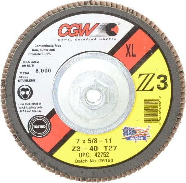 Camel Grinding Wheels - 40 Grit, 7" Disc Diam, 5/8-11 Center Hole, Type 27 Zirconia Alumina Flap Disc - 8,600 Max RPM, Poly Cotton Backing, Arbor Attaching System, Coated - Exact Tool & Supply