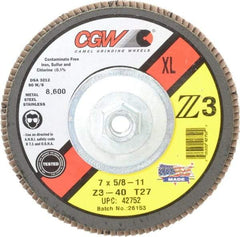 Camel Grinding Wheels - 40 Grit, 7" Disc Diam, 5/8-11 Center Hole, Type 27 Zirconia Alumina Flap Disc - 8,600 Max RPM, Poly Cotton Backing, Arbor Attaching System, Coated - Exact Tool & Supply