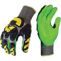 ironCLAD - Size S (7), ANSI Cut Lvl A3, Puncture Lvl 5, Abrasion Lvl 4, Foam Nitrile Coated Cut Resistant Gloves - 10" Long, Palm Coated, Elastic Knit Cuff, Gray/Green, Paired - Exact Tool & Supply