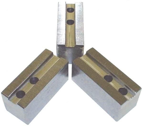 H & R Manufacturing - 1.5mm x 60° Serrated Attachment, Square Soft Lathe Chuck Jaw - 3 Jaws, Steel, 1.181" Btw Mount Hole Ctrs, 5-1/4" Long x 2" Wide x 2" High, 0.71" Groove, 14mm Fastener - Exact Tool & Supply
