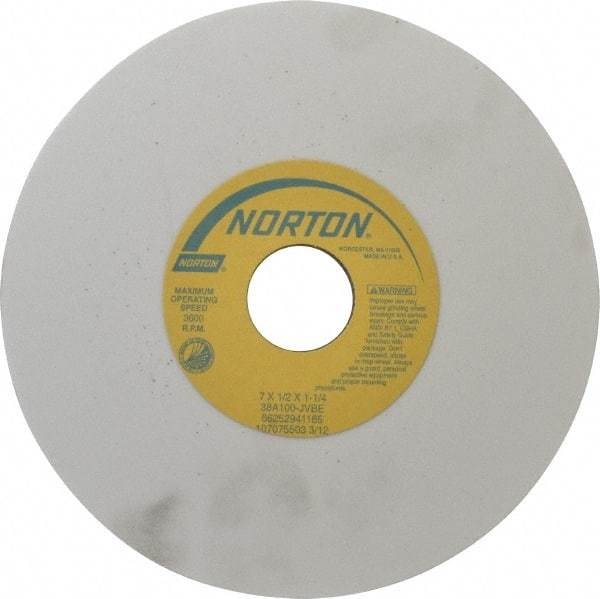 Norton - 7" Diam x 1-1/4" Hole x 1/2" Thick, J Hardness, 100 Grit Surface Grinding Wheel - Aluminum Oxide, Type 1, Fine Grade, 3,600 Max RPM, Vitrified Bond, No Recess - Exact Tool & Supply