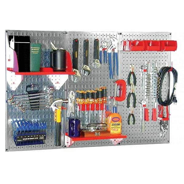 Wall Control - 48" Wide x 32" High Peg Board Kit - 3 Panels, Galvanized Steel, Galvanized/Red - Exact Tool & Supply