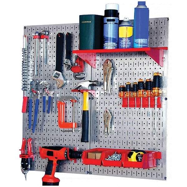Wall Control - 32" Wide x 32" High Peg Board Kit - 2 Panels, Galvanized Steel, Galvanized/Red - Exact Tool & Supply