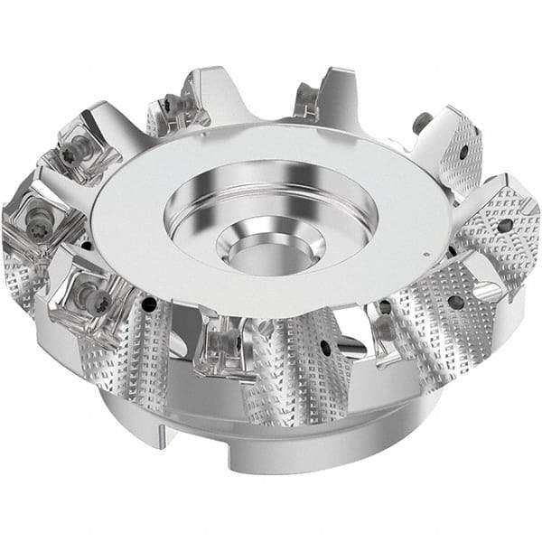 Seco - 100mm Cut Diam, 32mm Arbor Hole, 6mm Max Depth of Cut, 48° Indexable Chamfer & Angle Face Mill - 10 Inserts, SN.. Insert, Right Hand Cut, 10 Flutes, Through Coolant, Series R220.54 - Exact Tool & Supply