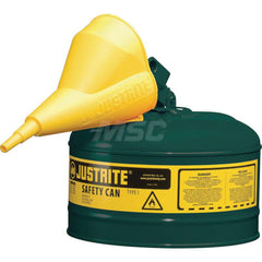 Justrite - Safety Dispensing Cans; Capacity: 2.5 Gal ; Material: Steel ; Color: Green ; Height (Decimal Inch): 11.500000 ; Diameter/Length (mm): 11.75 ; Approval Listing/Regulations: FM Approved; UL; ULC; TUV - Exact Tool & Supply