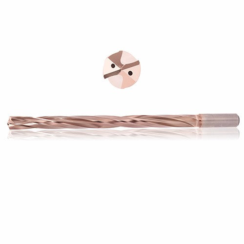 0.4844 mm Dia. × 14 mm Shank × 77 mm Flute Length × 124 mm OAL, 5xD, 135°, ZircoPlus, 2 Flute, Coolant Thru, h6, Cylindrical, Solid Carbide Drill - Exact Tool & Supply