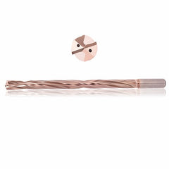 0.4844 mm Dia. × 14 mm Shank × 77 mm Flute Length × 124 mm OAL, 5xD, 135°, ZircoPlus, 2 Flute, Coolant Thru, h6, Cylindrical, Solid Carbide Drill - Exact Tool & Supply