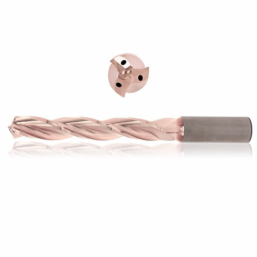 0.4844 mm Dia. × 14 mm Shank × 77 mm Flute Length × 124 mm OAL, 5xD, 130°, ZircoPlus, 3 Flute, Coolant Thru, h6, Cylindrical, Solid Carbide Drill - Exact Tool & Supply