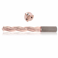 0.4844 mm Dia. × 14 mm Shank × 77 mm Flute Length × 124 mm OAL, 5xD, 130°, ZircoPlus, 3 Flute, Coolant Thru, h6, Cylindrical, Solid Carbide Drill - Exact Tool & Supply
