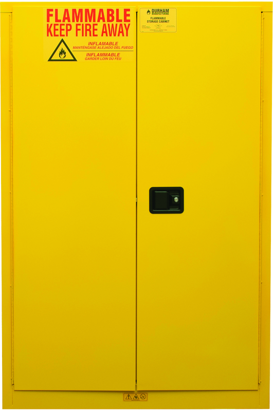 45 Gallon - All Welded - FM Approved - Flammable Safety Cabinet - Manual Doors - 2 Shelves - Safety Yellow - Exact Tool & Supply