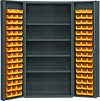 36"W - 14 Gauge - Lockable Cabinet - With 96 Yellow Hook-on Bins - 4 Adjustable Shelves - Deep Door Style - Gray - Exact Tool & Supply