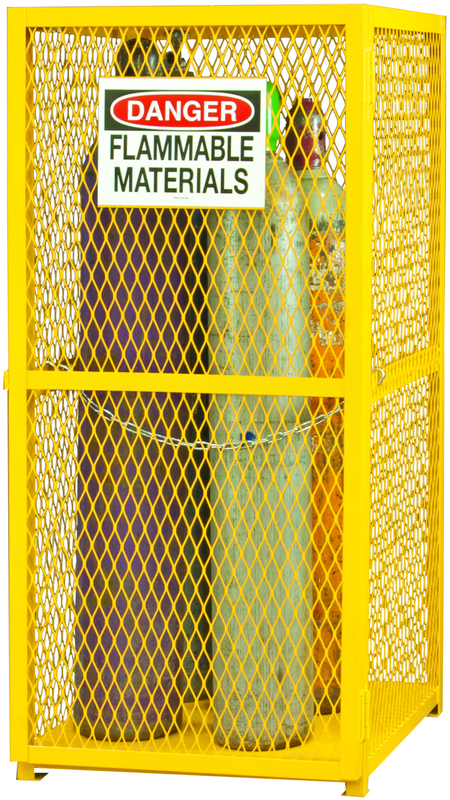 30" W - All welded - Angle Iron Frame with Mesh Side - Vertical Gas Cylinder Cabinet - Magnet Door - Safety Yellow - Exact Tool & Supply