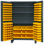 48"W - 14 Gauge - Lockable Cabinet - With 137 Yellow Hook-on Bins - 3 Adjustable Shelves - Flush Door Style - Gray - Exact Tool & Supply