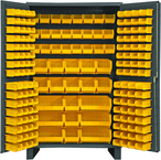 48"W - 14 Gauge - Lockable Cabinet - With 171 Yellow Hook-on Bins - Flush Door Style - Gray - Exact Tool & Supply