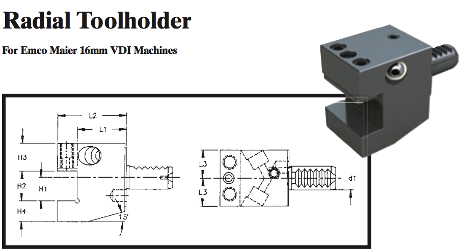 Radial Toolholder (For Emco Maier 16mm VDI Machines) - Part #: CNC86 E45.1616 - Exact Tool & Supply