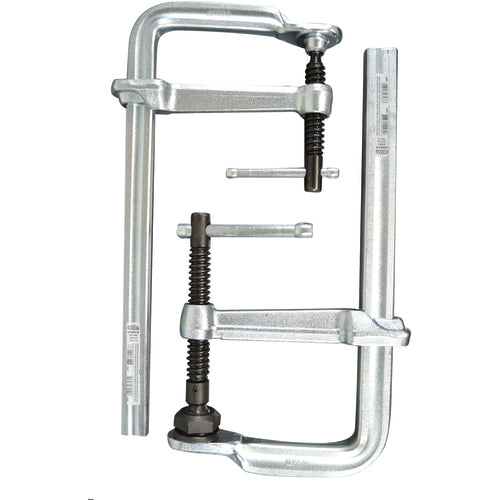 Economy L Clamp - 6″ Capacity–3 1/8″ Throat Depth - Standard Pad - Profiled Rail, Spatter resistant spindle - Exact Tool & Supply