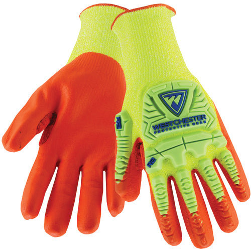 Hi Vis 10 Gauge Yellow HPPE Shell With Orange Foam Nitrile Palm Gloves Medium - Exact Tool & Supply