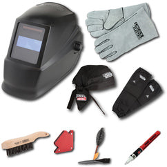 Auto-Darkening Welding Helmet Starter Kit with No. 11 Lens, Gloves, Wire Brush, Magnet, Chipping Hammer and Marker - Exact Tool & Supply