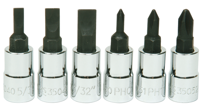 6 Piece - #9309068 - #0; #1; #2 Phillips; 5/32; 7/32; 9/32" Slotted - 1/4" Drive - Socket Drive Hex Bit Set - Exact Tool & Supply