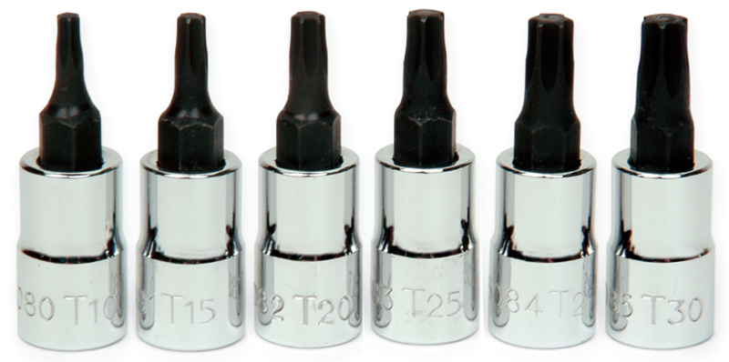 6 Piece - #9309082 - T10; T15; T20; T25; T27; T30 - 1/4" Drive - Socket Drive Torx Bit Set - Exact Tool & Supply