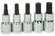 5 Piece - #9329080 - T40; T45; T50; T55; T60 - 1/2" Drive - Socket Drive Torx Bit Set - Exact Tool & Supply