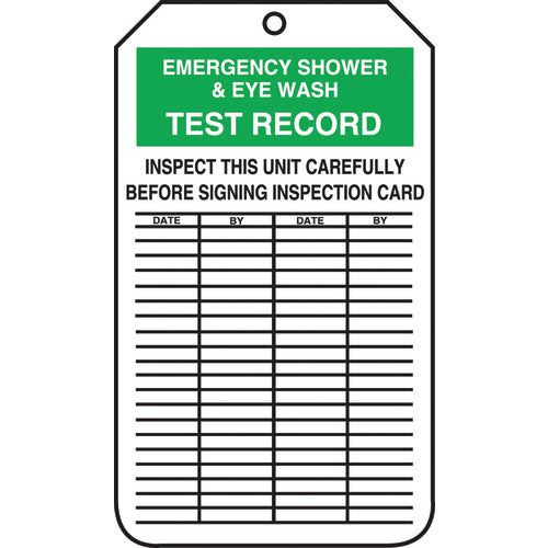 Inspection Record Tag, Emergency Shower & Eye Wash Test Record, 25/PK, Cardstock - Exact Tool & Supply