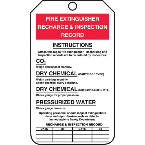 Fire Extinguisher Tag, Recharge & Inspection Record, 25/Pk, Cardstock - Exact Tool & Supply