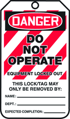 Lockout Tag, Danger Do Not Operate Equipment Locked Out, 25/Pk, Plastic - Exact Tool & Supply