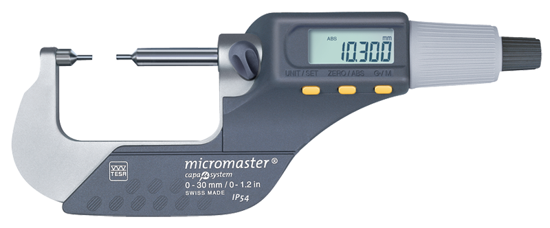 0 - 1.2" / 0 - 30mm Measuring Range - .00005/.001mm Resolution - Friction Thimble - Carbide Face - Electronic Spline Micrometer - Exact Tool & Supply