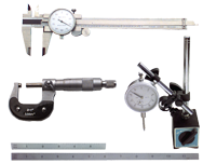 Kit Contains: 6" Dial Caliper; 0-1" Outside Micrometer; Mag Base With Fine Adjustment; 1" Travel Indicator; 6" 4R Scale And 12" 4R Scale - 6 Piece Machinist Set Up & Inspection Kit - Exact Tool & Supply