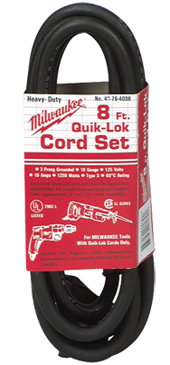 #48-76-4008 - Fits: Most Milwaukee 3-Wire Quik-Lok Cord Sets @ 8' - Replacement Cord - Exact Tool & Supply