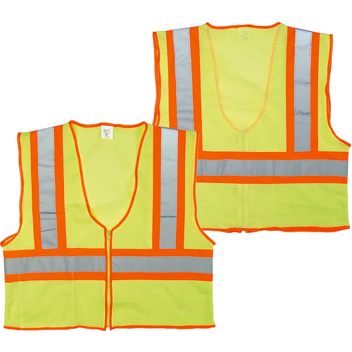 ‎Class 2 Mesh Vest; Contrasting Color Strip, Zipper Closure, Inside Pocket - 2XL - Exact Tool & Supply